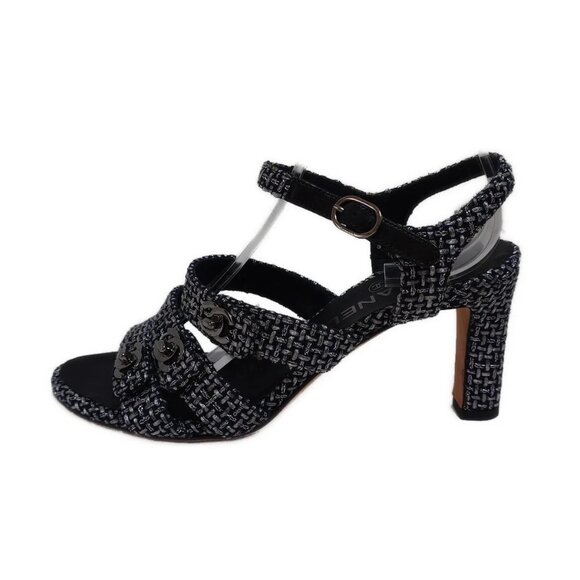 CHANEL - Black Silver Tweeds Leather Women's Sandals 645-081625 - Picture 1 of 6